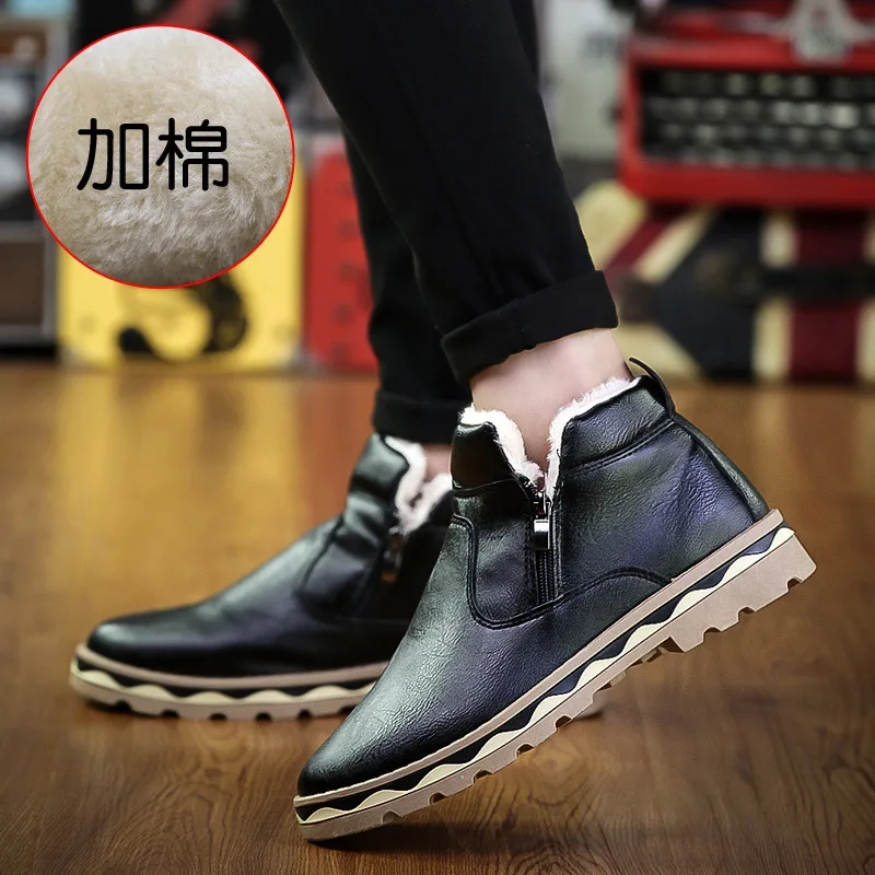 

Pu Leather Zipper Snow Boots Black Martin with Fur Plush Winter Warm Martin British Solid Casual High Top Men Shoes Snowboots