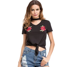 2017 New Arrival Women Summer T-Shirt Black Embroidery Patch Choker V Neck Short Sleeve Crop Top Knot Sexy Tees