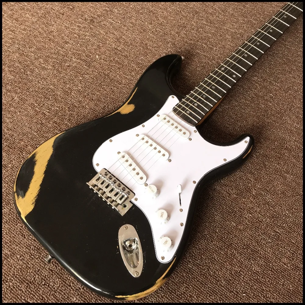 

hot selling relics electric guitar with Handmade old relics guitar in dark black color ,with rosewood fingerboard point inlays