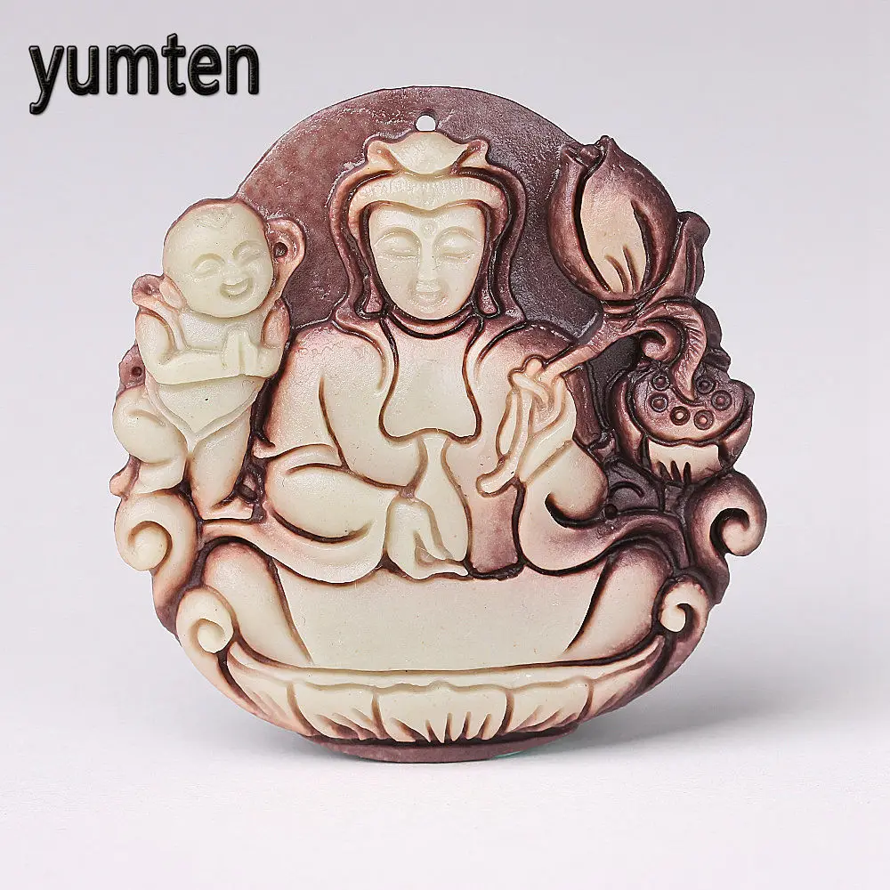 

Yumten Guanyin Purple Jade Pendant Necklace Chinese Style Gemstone Jewelry Hand Hollow Carved Retro Process Buddha Jewellery
