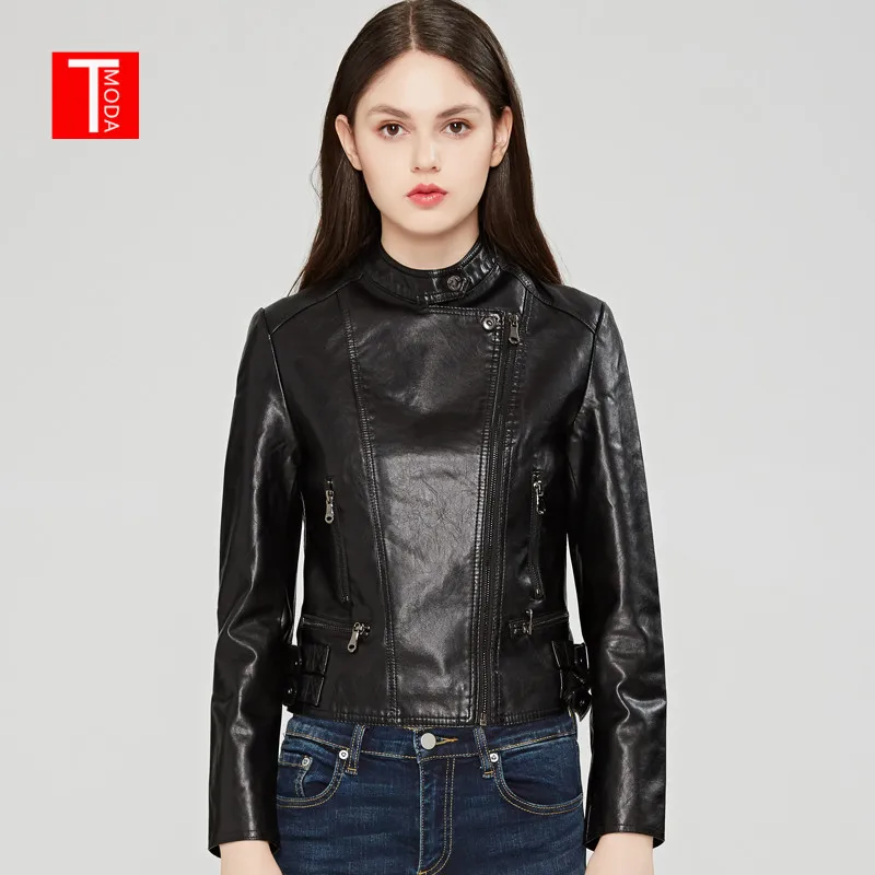 Женская мотоциклетная куртка TMODA273 черная из искусственной кожи на молнии