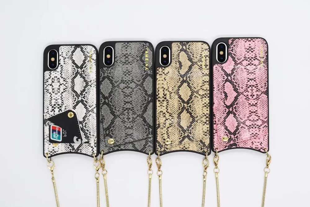 

Fashion luxury brand snake skin leather metal chain wallet card soft hard phone Case For iphone XR X Xs Max 8 7 6 6s plus X sexy