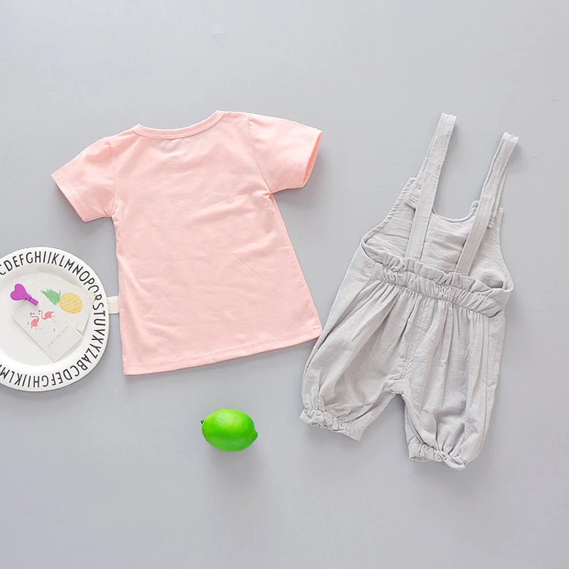 Коллекция года, Одежда для новорожденных девочек летние комплекты одежды, футболка+ комбинезон, комплект из 2 предметов, одежда для маленьких девочек комплект для дня рождения на один год