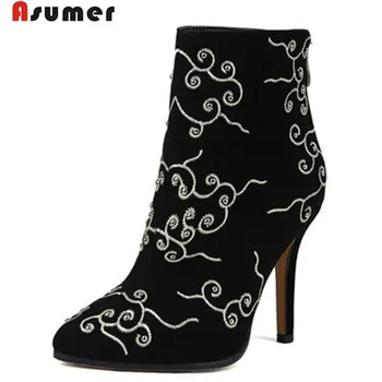 

ASUMER High heels boots 2020 hot sale fashion boots wedding party shoes large size 34-42 embroidery ankle boots women winter