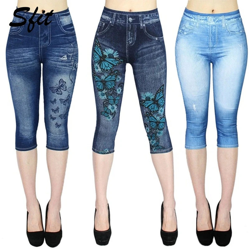 Sift, летние модные женские леггинсы, джинсы с принтом, Стрейчевые Капри, джинсы, штаны с высокой талией, штаны для йоги, спортивные штаны