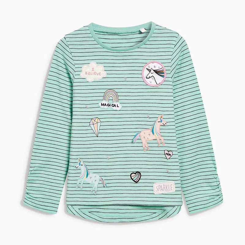 

Little Maven New Autumn Spring Kids Green Striped Pegasus Embroidery Full- sleeved O-neck Cotton Knitted Girls Casual Tshirt