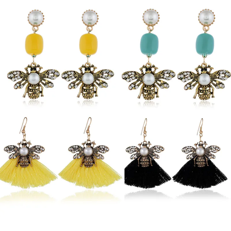 

Bohemia ethnic simple creative earrings for women with faux pearl honey bee pendant design exquisite female tassel Kolczyki