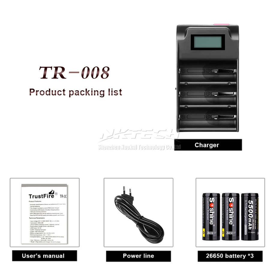 TR-008 TrustFire интеллигентая(ый) Батарея Зарядное устройство быстрого 3,0/4,2 V 3-образными пазами ЖК-дисплей Дисплей для 18650 26650 25500 26700 32650 Li-Ion Батарея