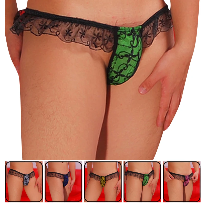 

2019 hot Sexy Gay G-string Men's Thongs Sissy Hot Lingerie Low Rise Ruffle Lace Bulge Pouch Bikini G-string jockstraps