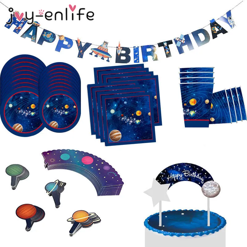 

UFO Solar System Outer Space Happy Birthday Tableware Decoration Spaceship Astronaut Rocket Robot Theme Birthday Party Supplies
