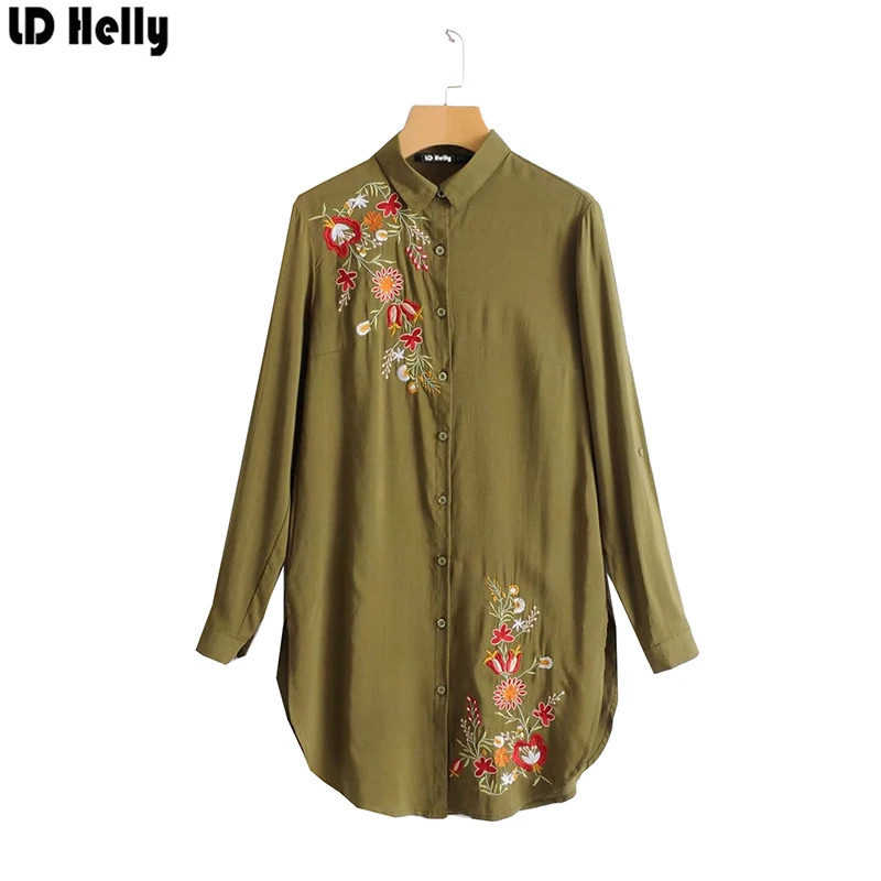 LD Helly Autumn Women Long Sleeve Embroidery Loose Blouses Shirts Ladies Casual Shirt Tops Button Blusas Green Black White |