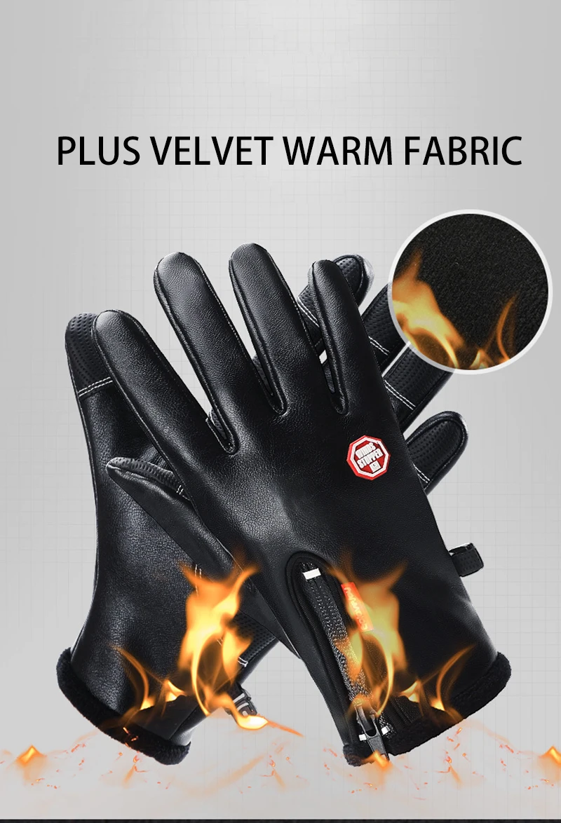 Ветрозащитные кожаные лыжные перчатки с защитой от холода, с сенсорным экраном, теплые нескользящие перчатки для мужчин и женщин, утепленные флисовые водонепроницаемые на молнии