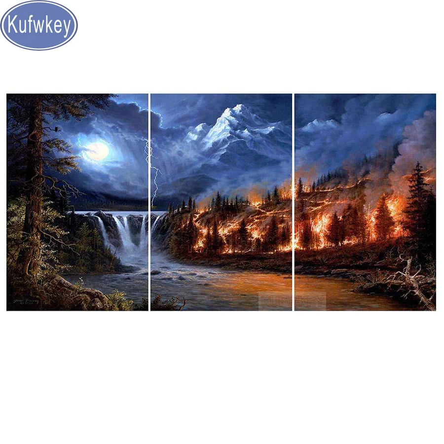 

3pcs/set landscape DIY diamond embroidery full square/round drill Diamond painting cross stitch kits forest fire still life