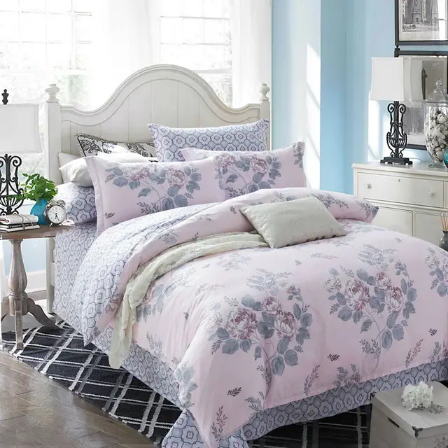 100 Cotton Fabric bedlinen blossoming peony printed light pink Bedding set Queen size Quilt