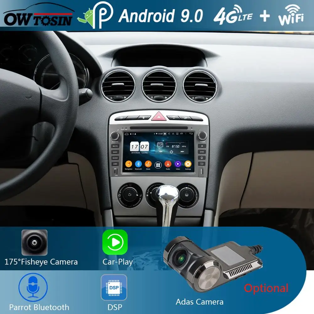 Top 7" IPS Octa Core 4GB RAM+64GB ROM Android 9.0 Car DVD Radio GPS For Peugeot 408 308 308SW 2007-2011 DSP CarPlay Parrot BT Stereo 1