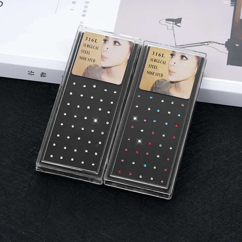 

1.8mm 40pcs/set Wholesale Rhinestone Nose Ring Women Lady Piercing Nose Stud Pin Silver Mixcolor Elegant Body Piercing Jewelry