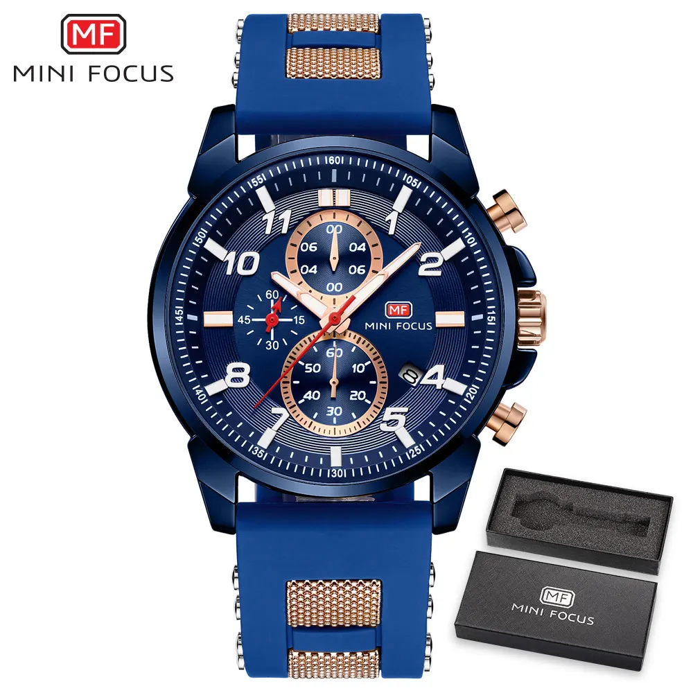 Мини фокус военные часы синий водонепроницаемый хронограф кварцевые мужские спортивные часы с резиновым ремешком наручные мужские s лучший бренд класса люкс - Цвет: BOX BLUE