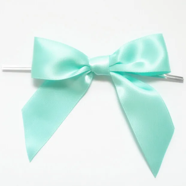 

Free Shipping 300pcs Aqua Satin Bow w/ Gold Twist Tie Premade for Easy Package