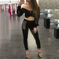 2018 модные комплект из 2 частей женский, черный Zipper Crop v-образным вырезом топ и брюки костюм сексуальная выдалбливают Повседневное 2 предмета