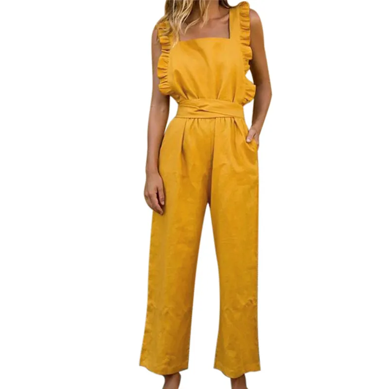

2019 Summer Sleeveless Women's Jumpsuits Square Neck Fashion Thin Section Rompers Sexy Backless Bow Casual Office Solid Jumpsuit