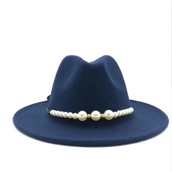 New Felt Hat Women Fedora Hats with Pearls Belt Vintage Trilby Caps Wool Fedora Warm Jazz Hat Chapeau Femme feutre Panaman hat 4