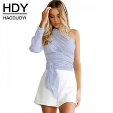 HDY Haoduoyi 2017 Apparel Sheath Striped Lace Up Lady Tops Shirt Women Casual Ruched Button Shirt Chic Skew Collar Blouse Female