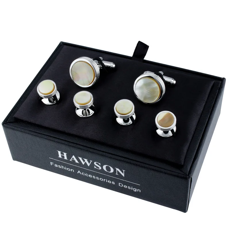 Tuxedo Shirt Cufflinks Studs Set Grey Shell Cuff links For Mens Accessories with Box