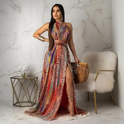 

Women's Sexy Halter Neck Long Dresses Sleeveless Print Maxi Dress Women Sleeveless Boho Party Casual Halter Neck Dress Beach
