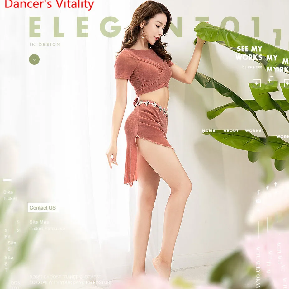 

Professional Women Belly Dance Clothes Sexy Mesh 2 pcs Top + Short Skirt Set Belly Dance For Latin Girls Dance Suit
