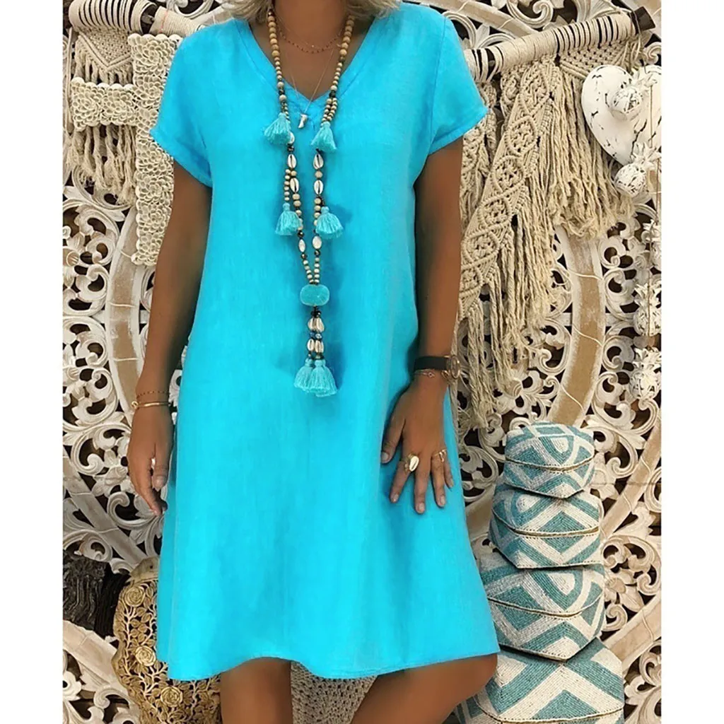 Jaycosin женское свободное платье размера плюс, однотонное летнее Повседневное платье с v-образным вырезом и коротким рукавом, Дамское разноцветное платье Vestidos De Festa
