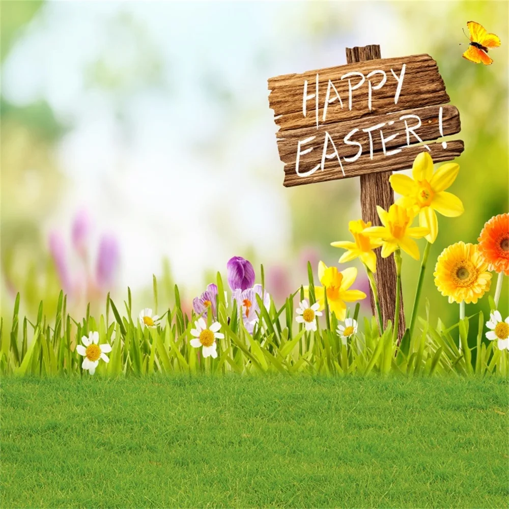 

Laeacco Happy Easter Egg Flower Grass Scene Photography Backgrounds Customized Photographic Backdrops For Photo Studio