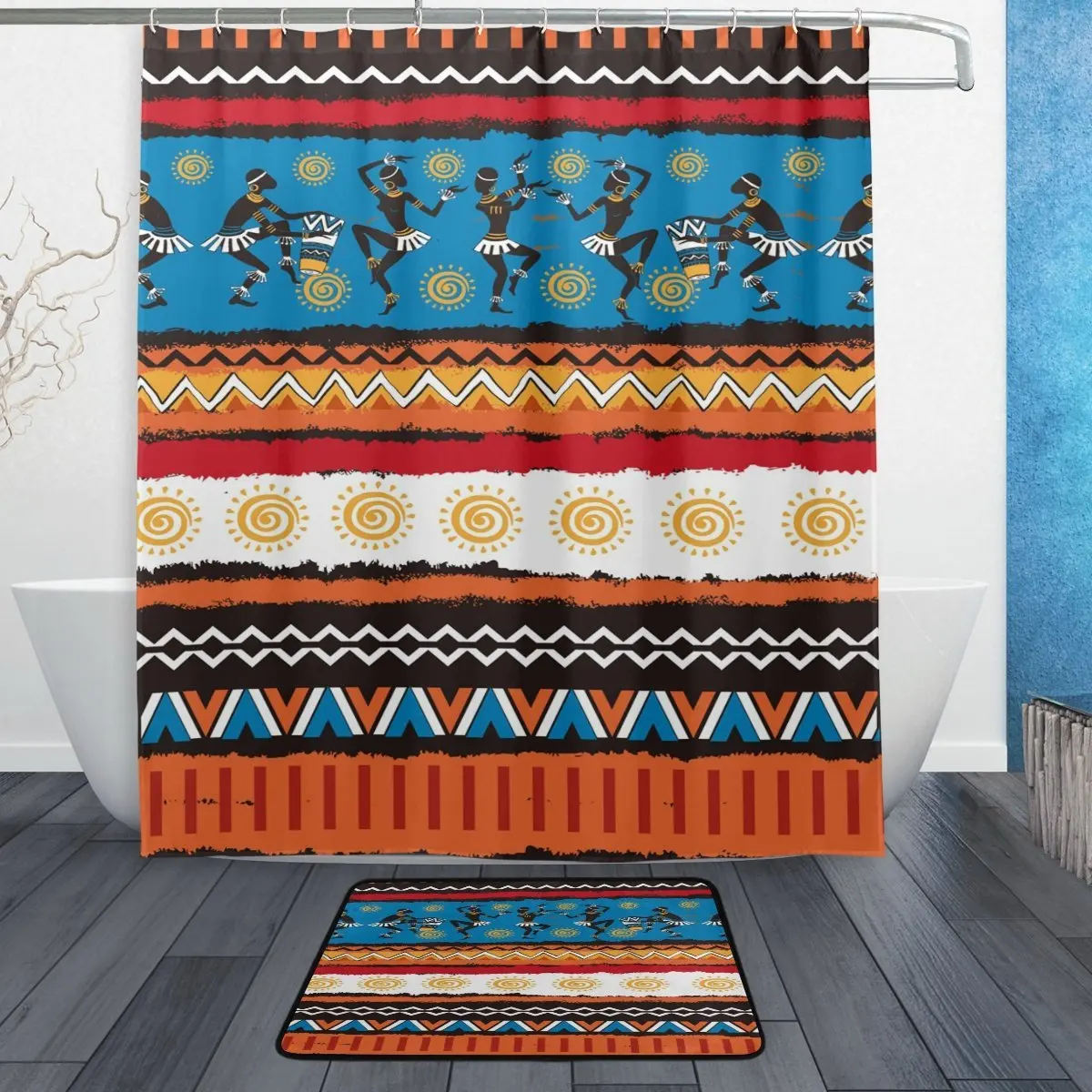 Tribal Africa African Shower Curtain and Mat Set, Egyptian Exotic