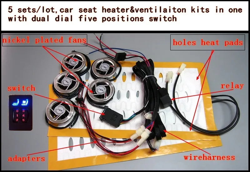 5sets/lot,5 fans/set,car seat heater&ventilation kits with five