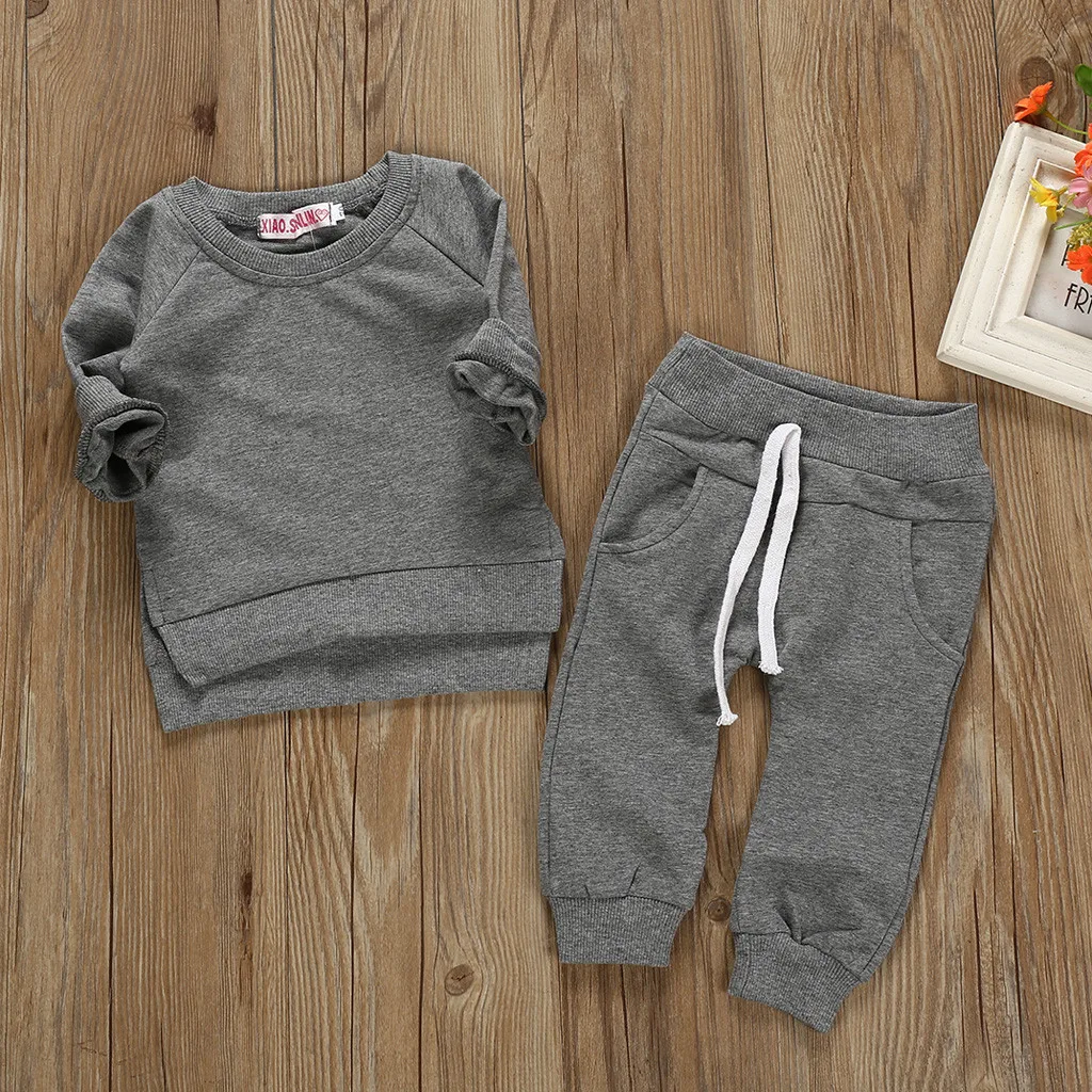 Children Clothing Sets Toddler Kids Baby Boys Girls Solid Tops Pants Homewear Casual Soft Kids Autumn Winter Outfits Sets C50