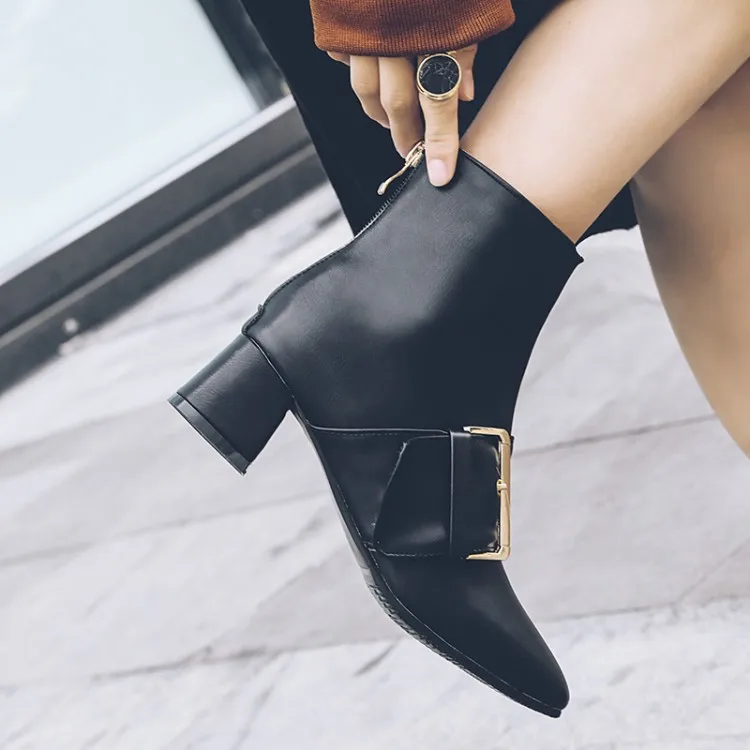 

Big Size 11 12 13 Ma'am Coarse heel Short boots Pure color Metal decoration boot barre High heel boots