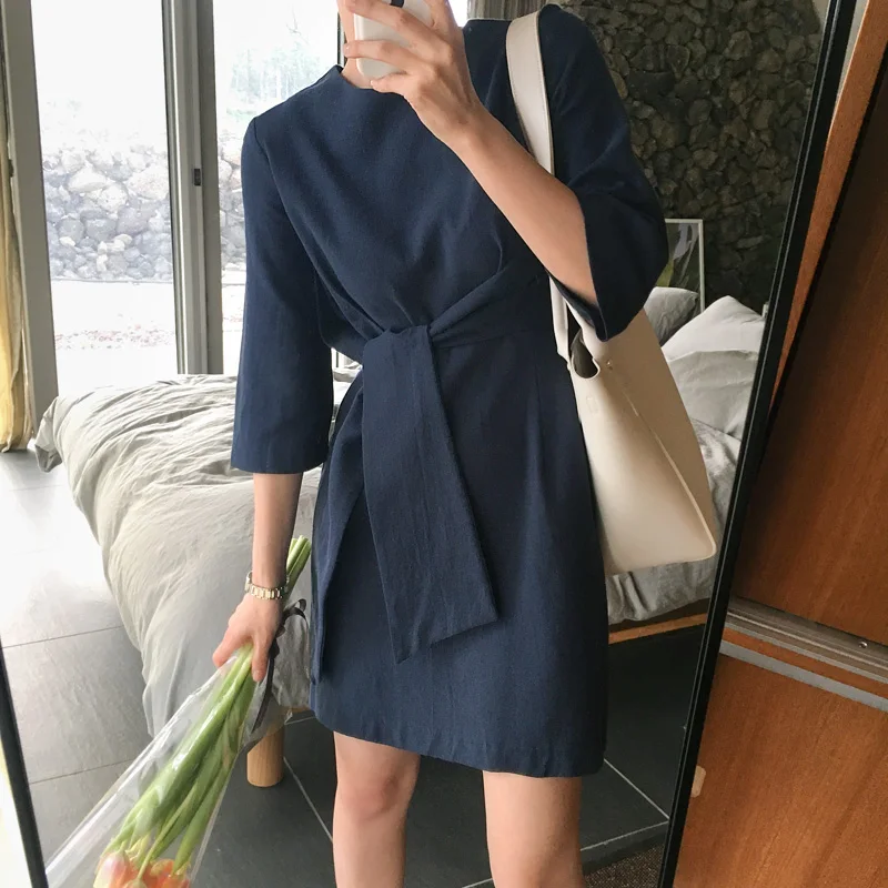 

2018 New Summer Women A line Cotton OL Casual short Sleeve Dresses Female Dress O neck Solid Shirt dress
