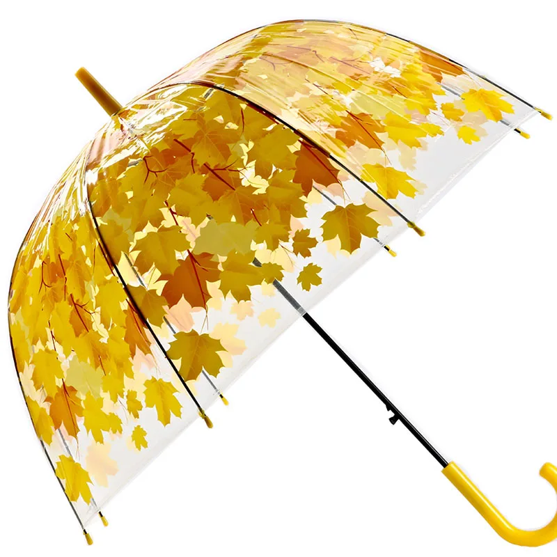 Прозрачная форма гриба Unbrellas прозрачные зонты кленовый лист зеленые листья узор непромокаемый ветрозащитный зонтик с длинной ручкой - Цвет: yellow