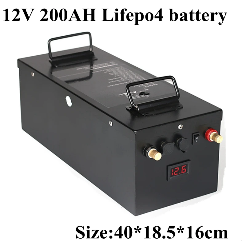 

Waterproof Lifepo4 12V 200AH Lithium Battery Capacity 100A BMS 4S for 1200W Inverter EV Fishing Boat Propeller +10A Charger