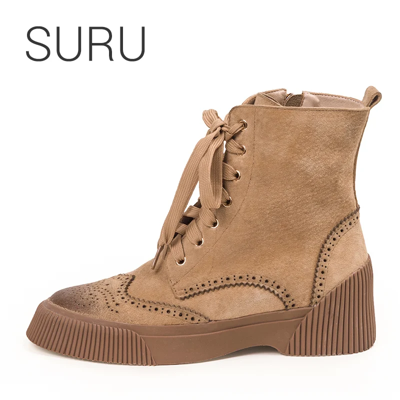 

SURU Women Winter Genuine Leahter Suede Brogued Boots With Pull Tab At The Rear And Elastic Gores Ankle Western Boots