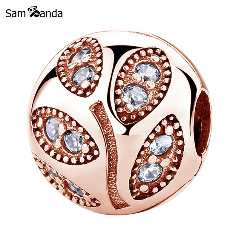 

Authentic 925 Sterling Silver Bead Charm Rose Gold Crystals Sparkling Leaves Clip Charms Fit Pandora Bracelets DIY Women Jewelry