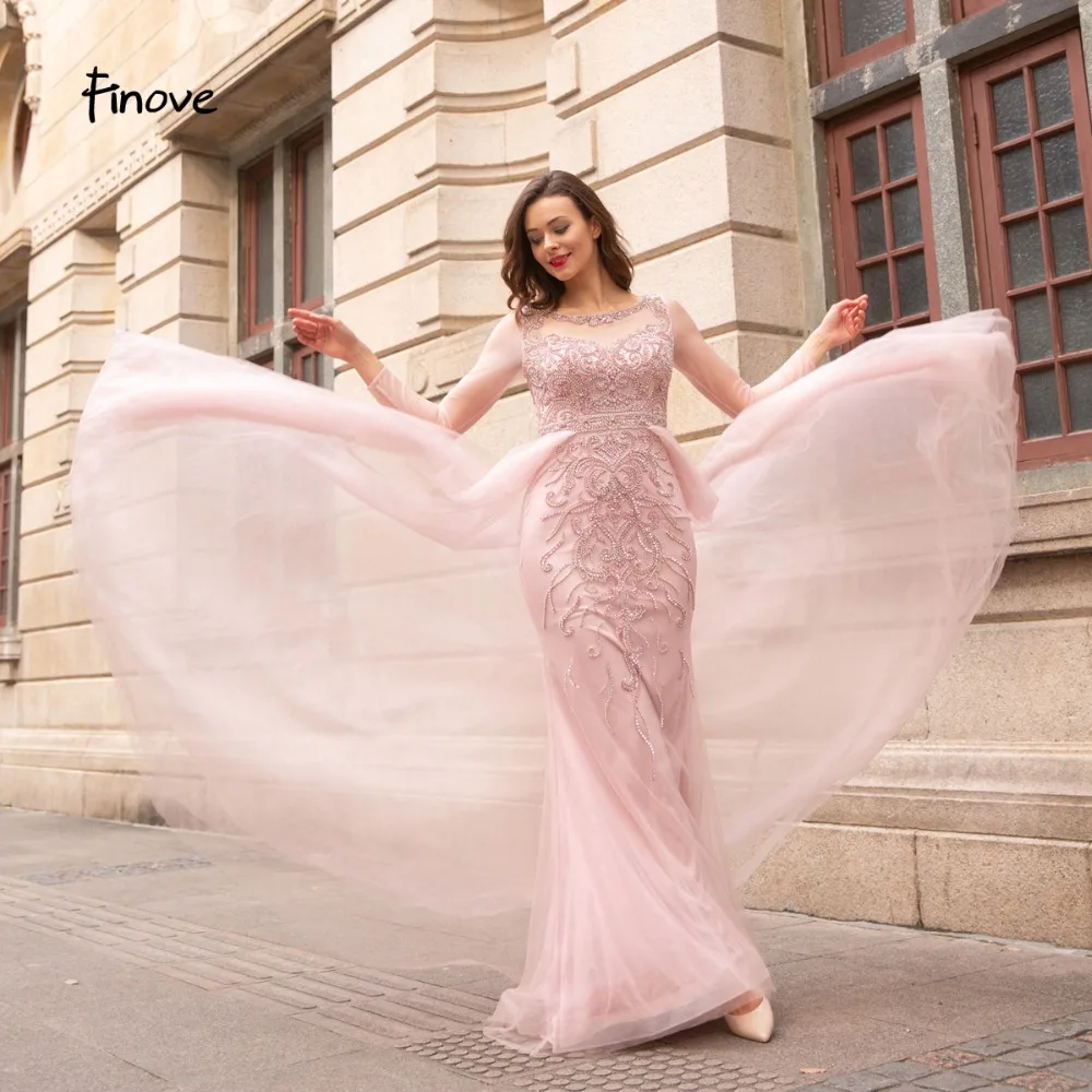 

Finove Prom Dresses 2019 Long Beaded Crystals Tulle Elegant Floor Length Full Long Sleeves Party Woman Dress vestido de fiesta