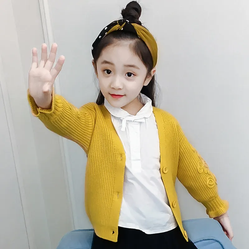 

Big Button Down Cardigan For Female Girls Preppy Style Kids Knit Sweaters Yellow Pink White Color Spring Autumn Clothing