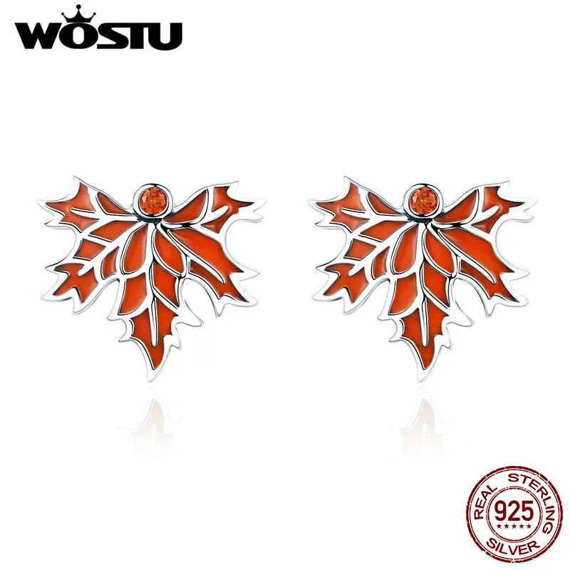 WOSTU 925 пробы серебряные осенние кленовые листья серьги-гвоздики для женщин Роскошные серебряные ювелирные изделия подарок на день Святого Валентина CQE264