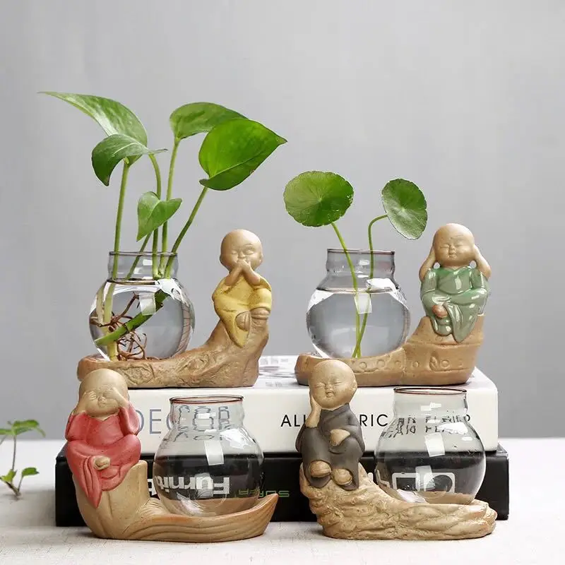 

Ceramic Glazed Green Lotus Hydroponic Rough Pottery Small Monk Creative Vase Household Hotel Bronze Clover Flower Pot Vase