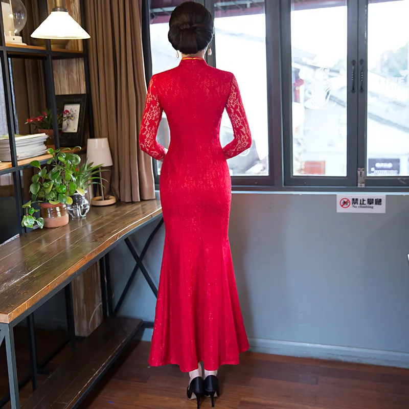 Длинный красный Cheongsam для Для женщин свадебные со шлейфом китайское традиционное платье леди Qipao платья Вечеринка цельный платье 90