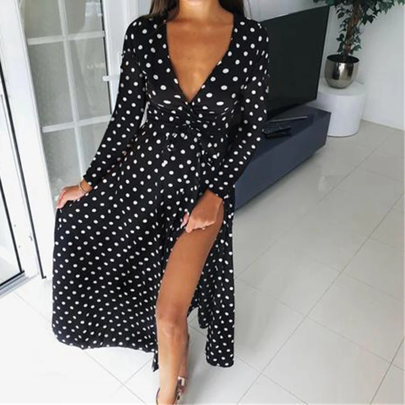 

2019 New Sexy V-Neck Long-Sleeved Sashes Polka Dot Dresses Women High Slit Long-Sleeved Dress Fashion vestidos 4 Colors