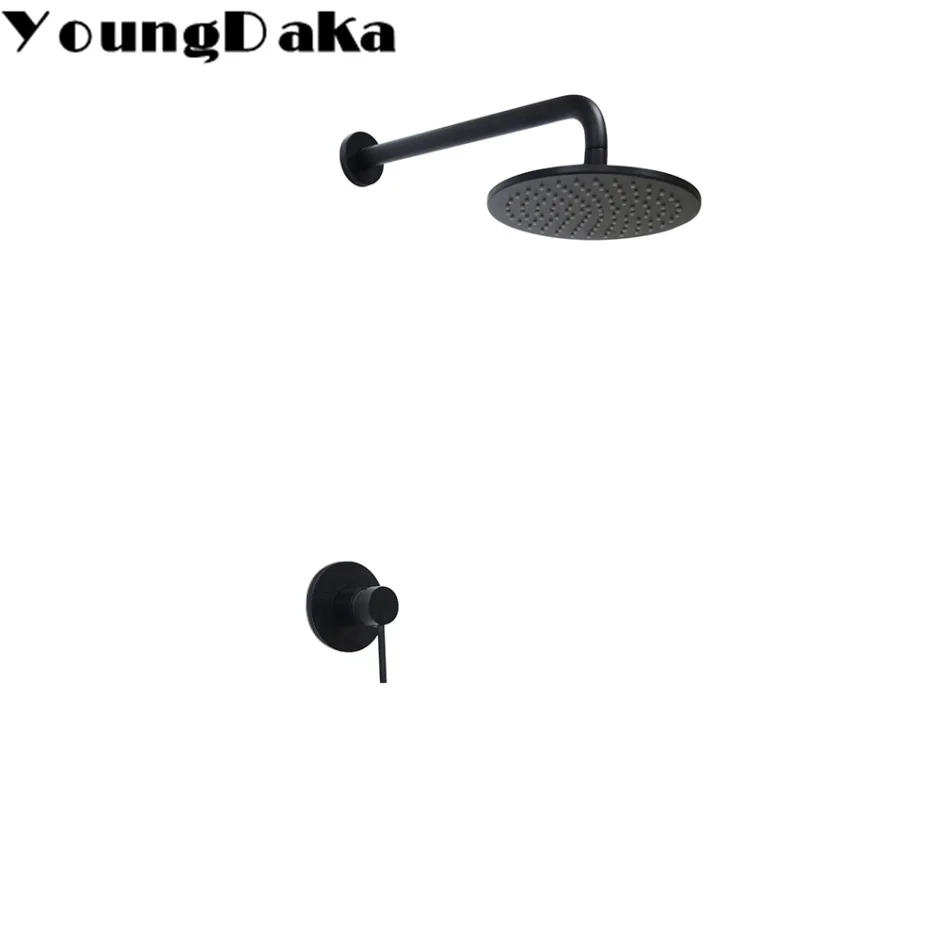 

YoungDaka Brass Black 8 Inch Round Rainfall Shower Head Set Bathroom Hot and Cold Wall Mounted Shower Mixer Valve Faucet + Arm