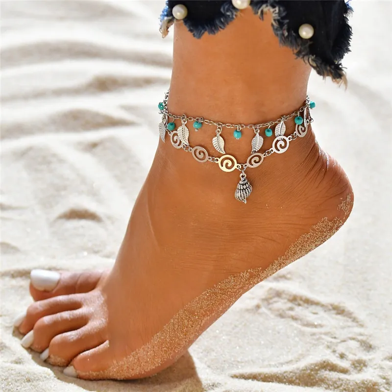 

Modyle Bohemian Multiple Layers Anklets for Women Vintage Silver Color Leaf Beads Pattern Pendant Foot Ankle Sexy Beach Jewelry
