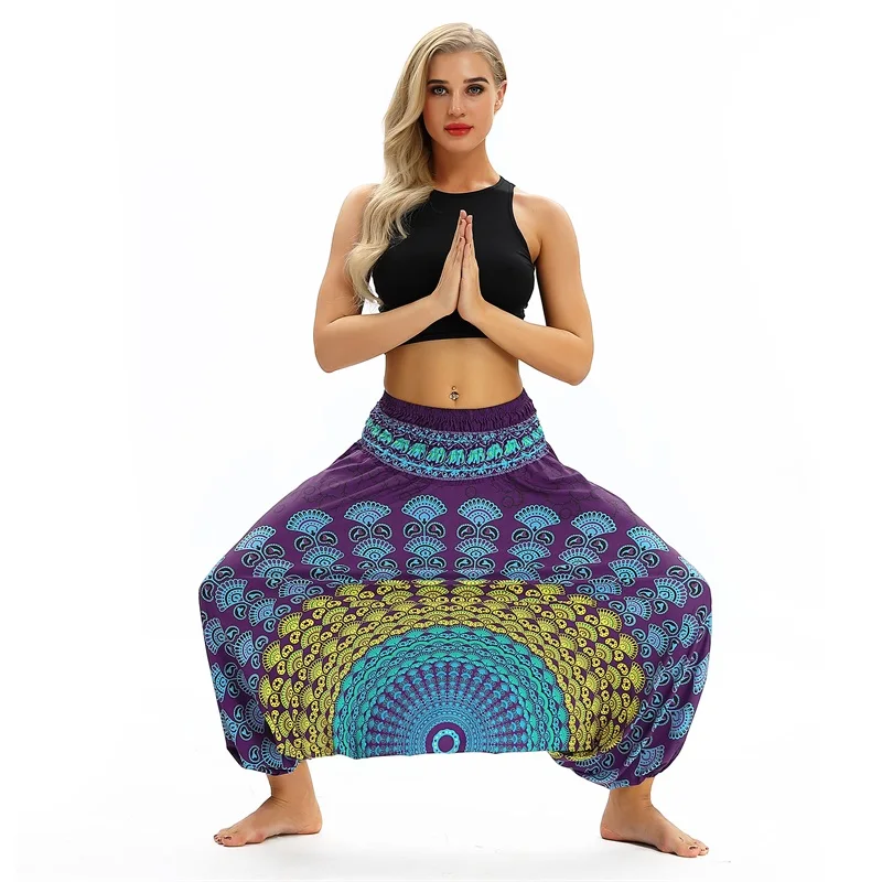 capri dress W-Yunna Ladies Women Beach Pants Trousers Boho Gypsy Hippie Women Wide Leg Harem Peacock Feather Print Elastic Pants Trousers plus size clothing