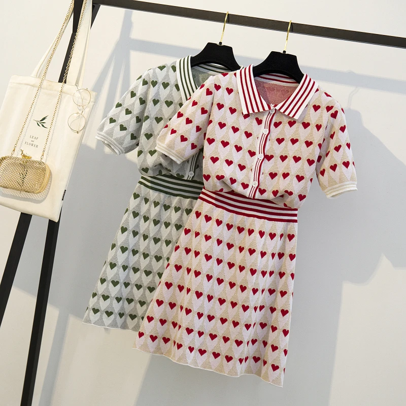 

Women Single-Breasted Bright Silk Heart Jacquard Knit 2 Piece Set Short Sleeve Sweater+A-Line Skirts Sets Knitting Clothing Suit